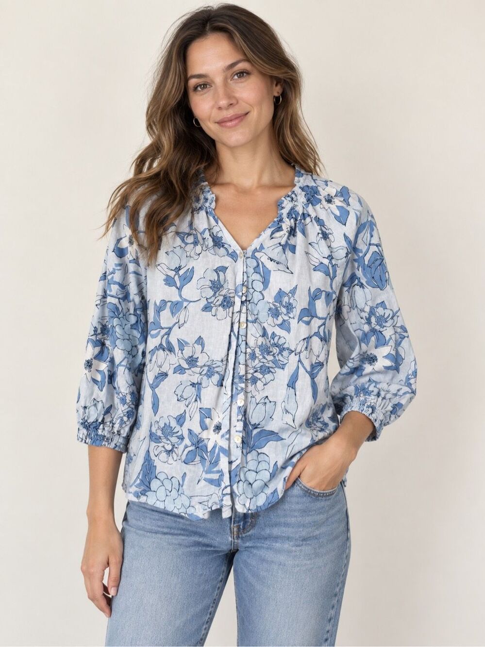 Casacabana Womens S Blue Floral Linen Blend Button Front Blouse 3/4 Sleeve